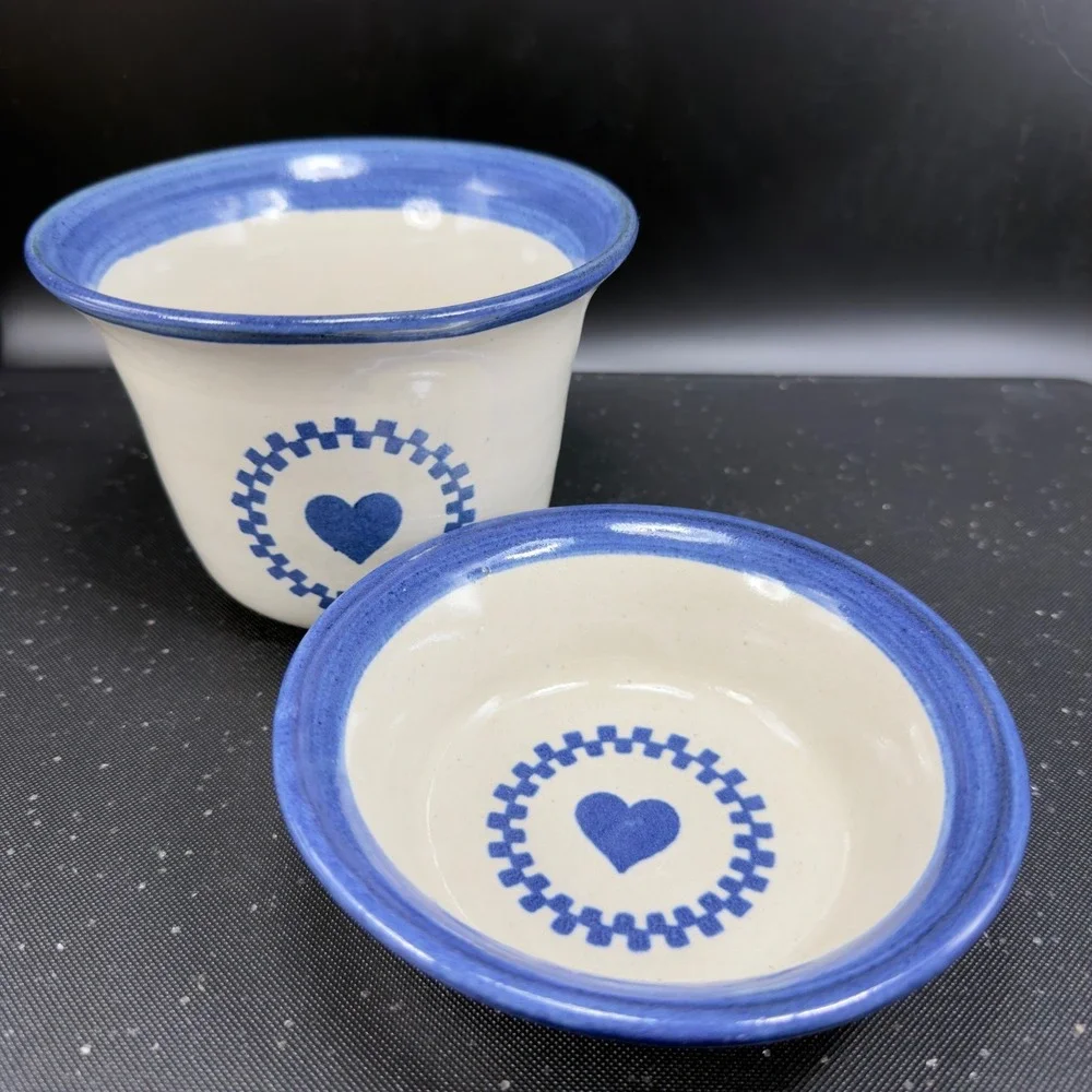 Brinker‎ Pots Dip Crock Set Blue Heart Stoneware Pottery Kansas City 2000s 2pc